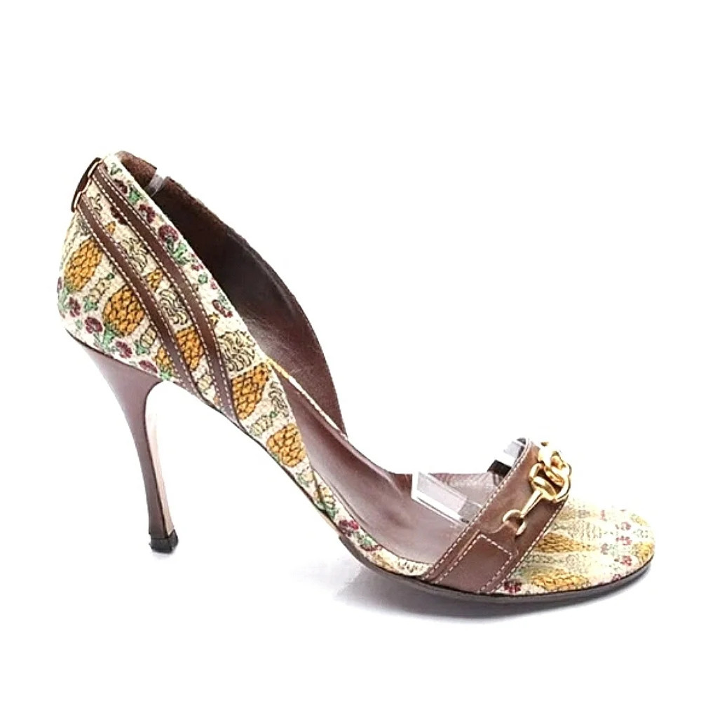 Gucci horsebit pineapple print brown leather d'Orsay vintage heels size 6.5